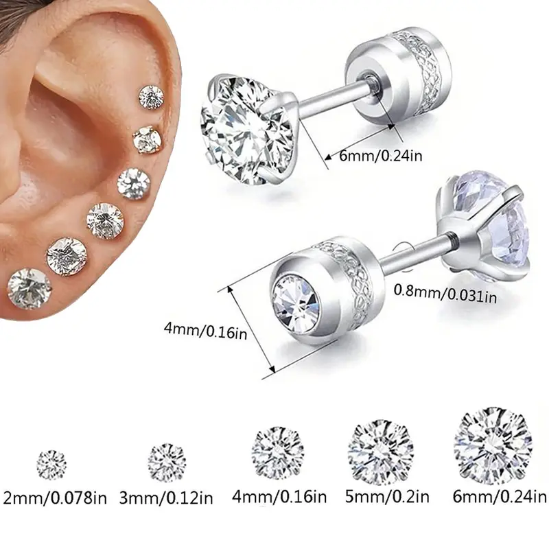5 Pairs Titanium Screw Back Stud Earrings Set for Sensitive Ears, Hypoallergenic Surgical Stainless Steel Double Sided Round Cubic Zirconia Earrings for Women Men