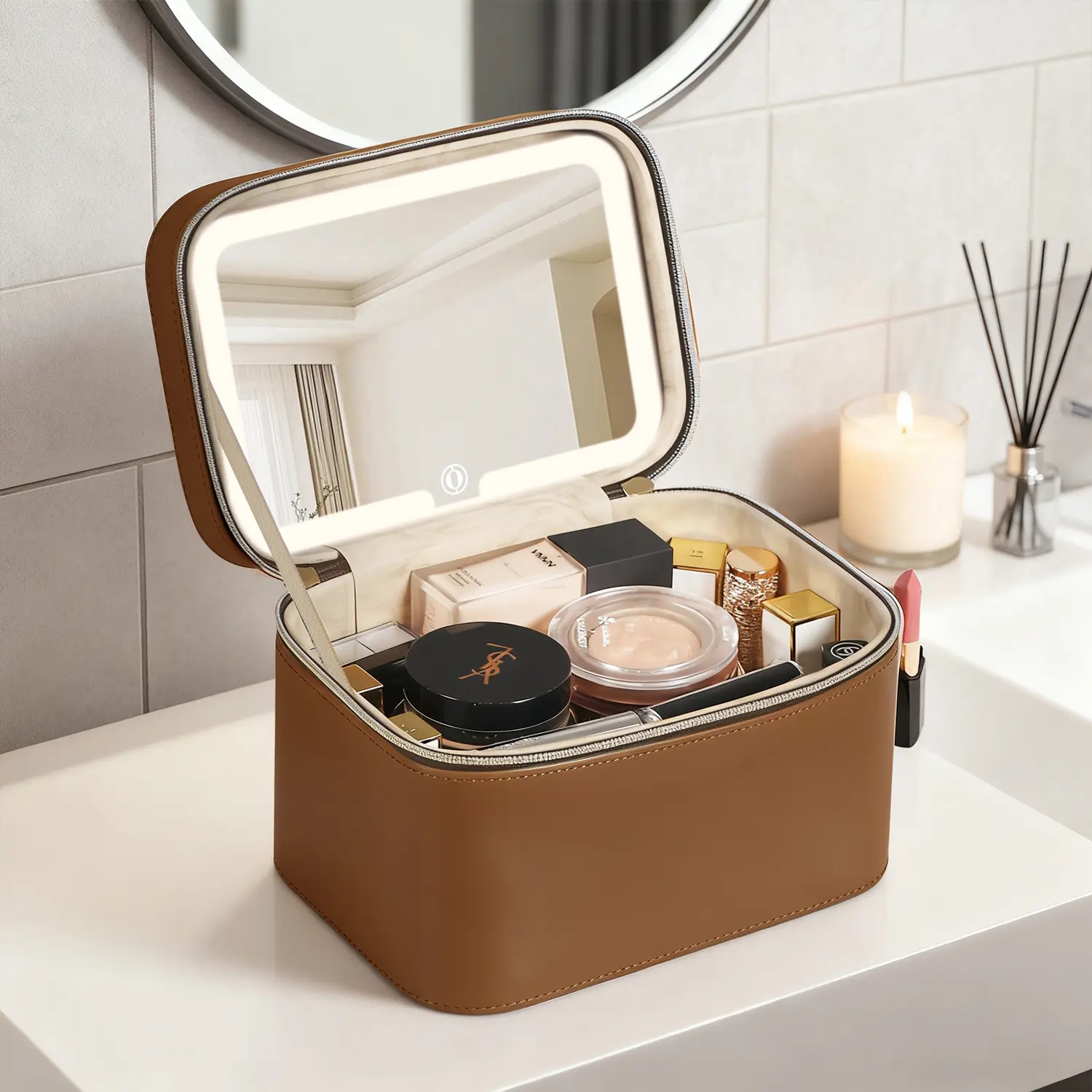 Women's PU Leather Makeup Storage Organizer - Portable Vanity Purse, Waterproof Cosmetic Bag with 3-Color LED Lighted Mirror, Zipper Closure for Party Travel, Leakproof, Chic, Holiday, Makeup Pouch, Easy Carry Make-Up Bags, Cute Style Make-Up Bags