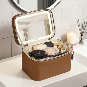 Makeup Bag with Lights, Portable Cosmetic Organizer for Travel and Daily Use,  LED Lightup Makeup Case, 3-Color Touch Mirror, Adjustable Brightness, Travel Vanity & Perfect Gift for Women, Dorm, Train Case
