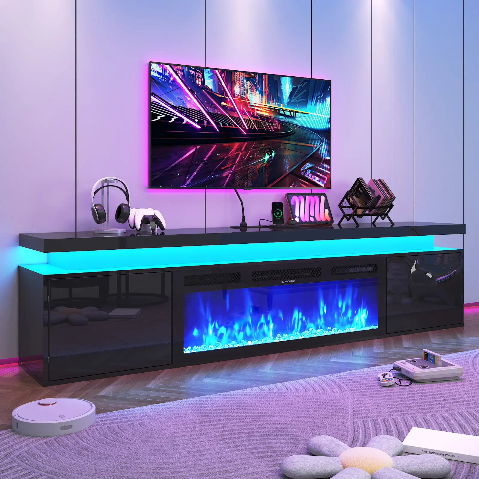 80-in Modern TV Stand - 40-in Electric Insert, High Gloss Customizable LED Lights Media Console, Floating Wall-Mounted Furniture for Apartments, Fits 80-in TVs, Compatible with Living Rooms, Modern Tv Stands For Living Room