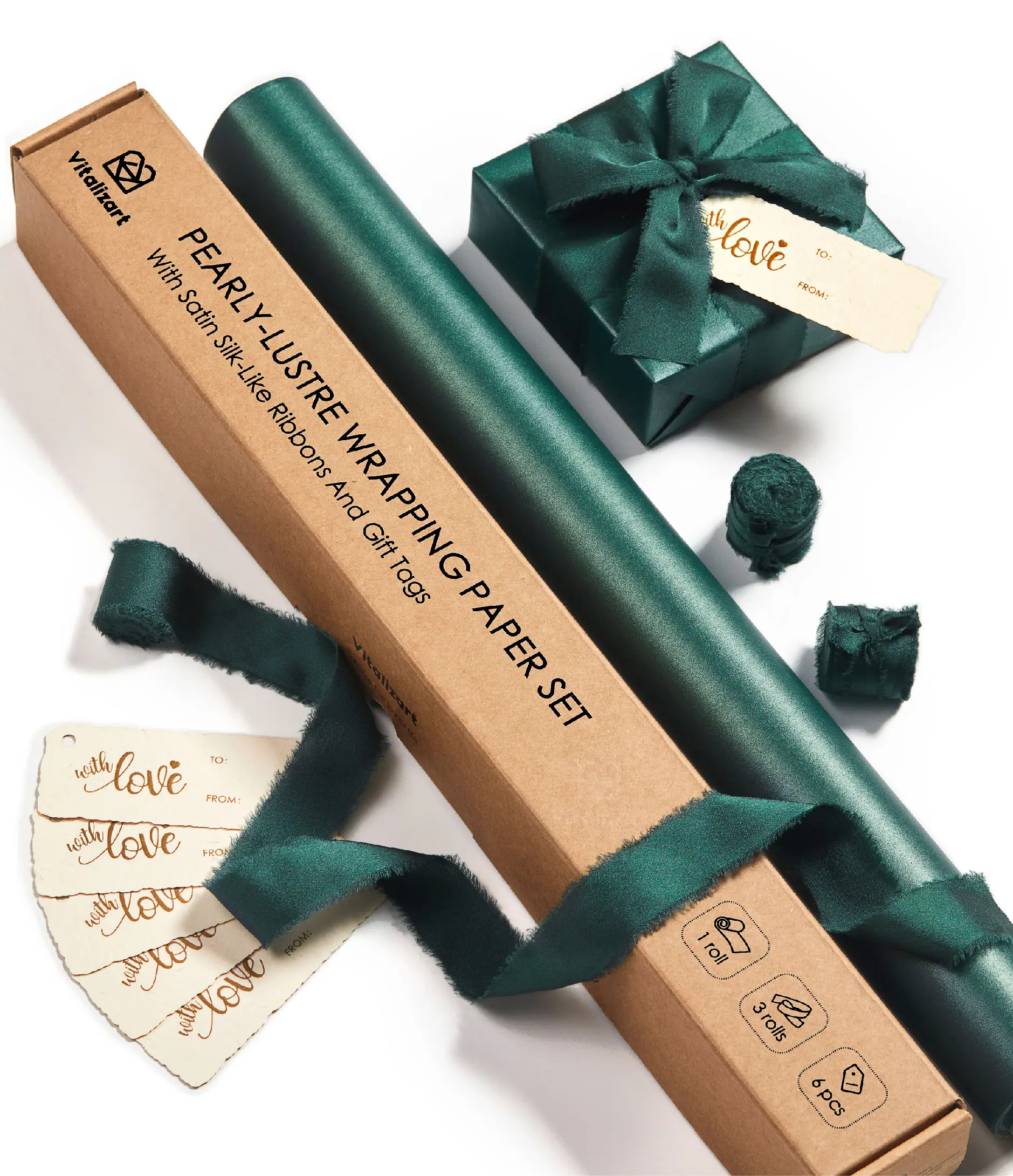 Vitalizart Pearl Finish Gift Wrapping Supplies Set - Eco-Friendly Luxury 1 Roll Paper (17 in x 197 in), Satin Ribbon, Tags, Gift Box Design, Built-In Grid Lines, No Strong Smell, Ideal for Weddings, Bridesmaid Proposals, Wrappingpaper, Wedding Gift Ideas