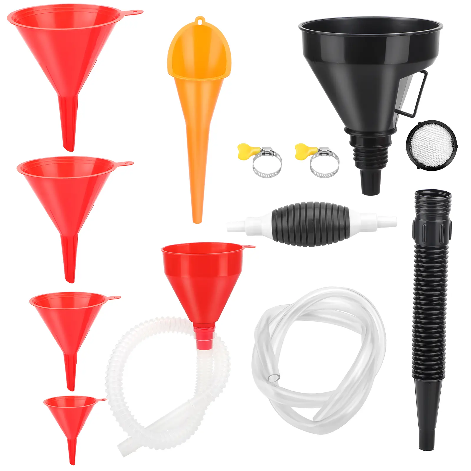 NSI 8Pcs Oil Funnel Set with Manual Siphon Fuel Pump - Car Tool Kit, Portable Long Neck, Telescopic, Flexible Fuel Filling Funnels for Automotive Trucks, Car Repair Tools