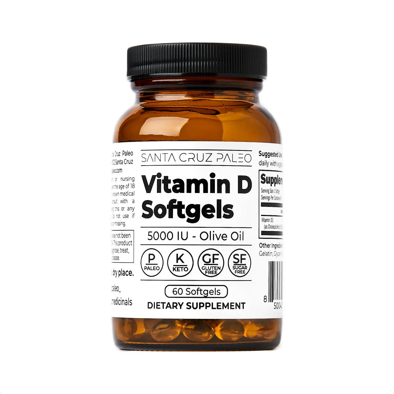 Santa Cruz Paleo Vitamin D3 5000 IU Softgels - 60 Servings - Supports Bone Health, Immune Function, and Mood - Formulated with Olive Oil for Absorption, Daily Supplement for Men and Women - Gluten-Free, Sugar Free, Paleo, Keto