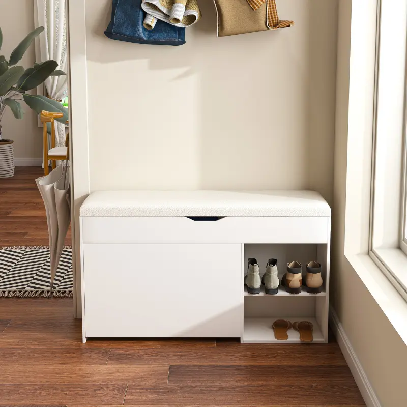 Short Backless White Rustic Modern Entryway Bench with Waterproof MDF Shoe Storage - 3-Tier Adjustable Flip-Up Drawers, Hidden Storage, Rotating Shoe Rack, 2-Seat Armless Organizer, Quick Setup, Assembly Required for Hallway, Ideal for DIY Enthusiasts, Re