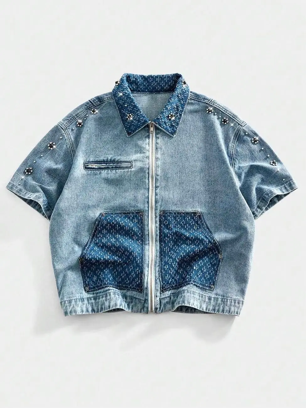 Men's clothing - Men's Loose Fit Denim Jacket, Pearl Embellished Button Down Jean Coat for Casual Outfits men’s clothes mens clothing male clothing trending clothes y2k clothing streetwear clothing y2k shirts