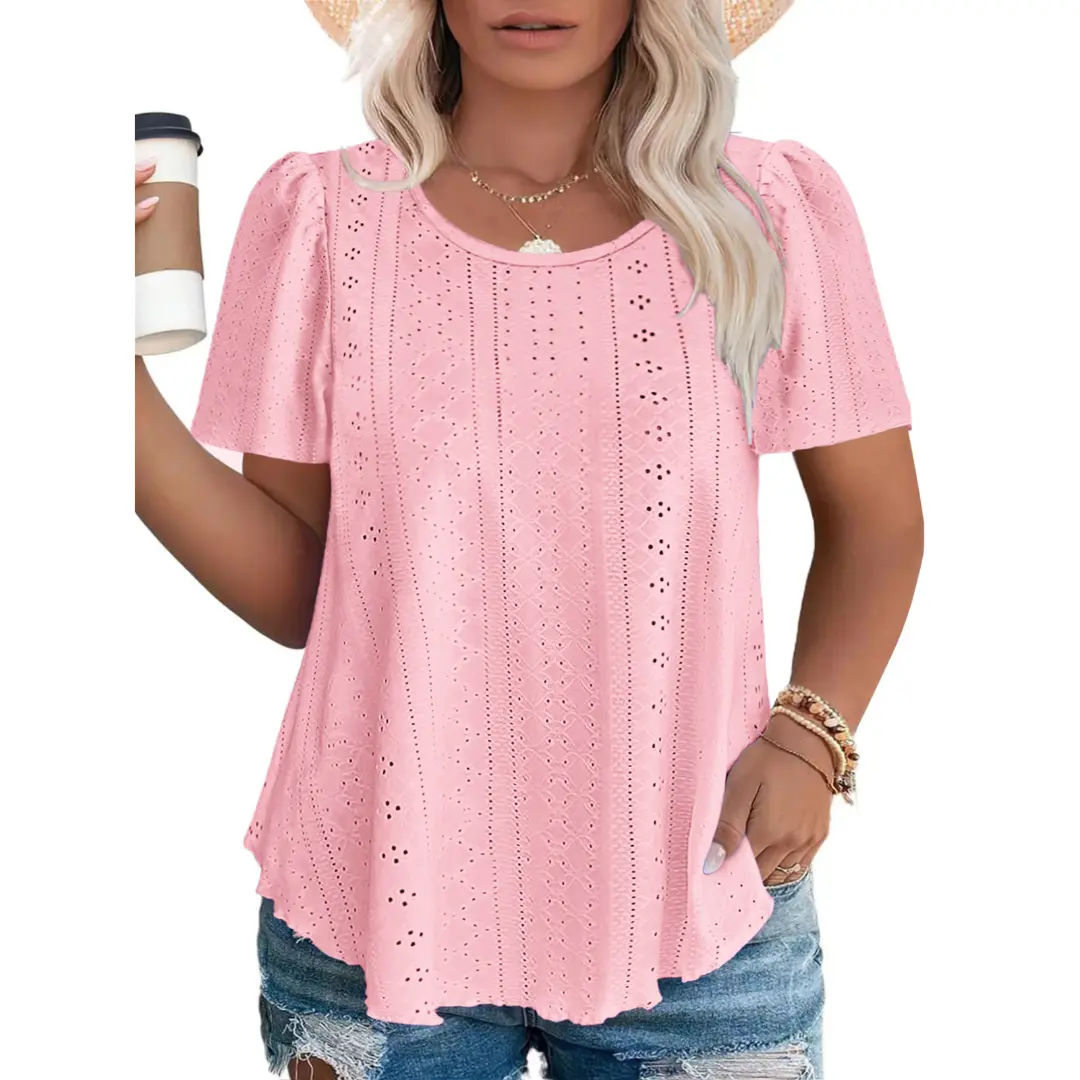 Women's Plus Size Eyelet T-Shirt, Solid Puff Shortsleeve Crewneck with Curved Hem, Breathable Lightweight Summer Shirt, Baggy, Comfy, Loose, Oversize, Style