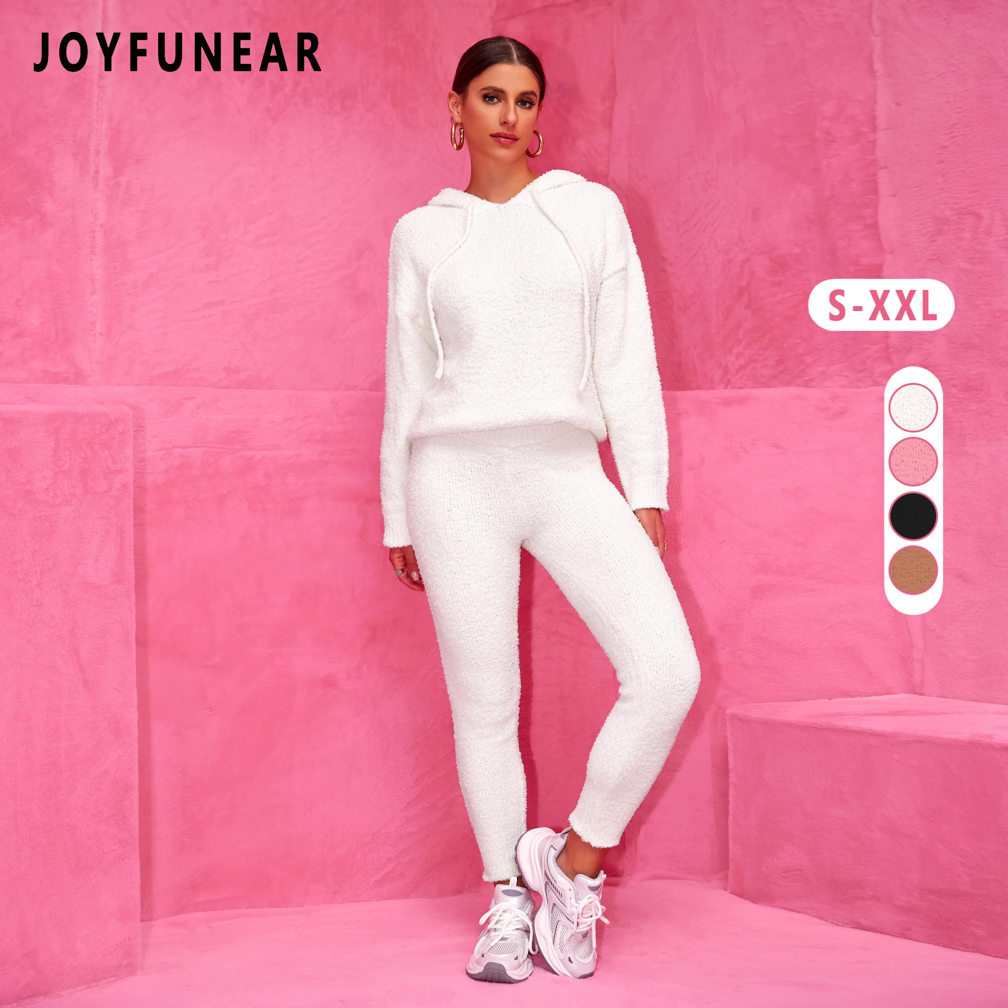 Joyfunear Women's 2-Piece Soft Woolen Knit Tracksuit Set - Hoodie with Adjustable Drawstring, Elastic Waist Leggings, High-Quality Blend Fabric, for Home Leisure & Daily Outings, Blush Pink, S-XXL
