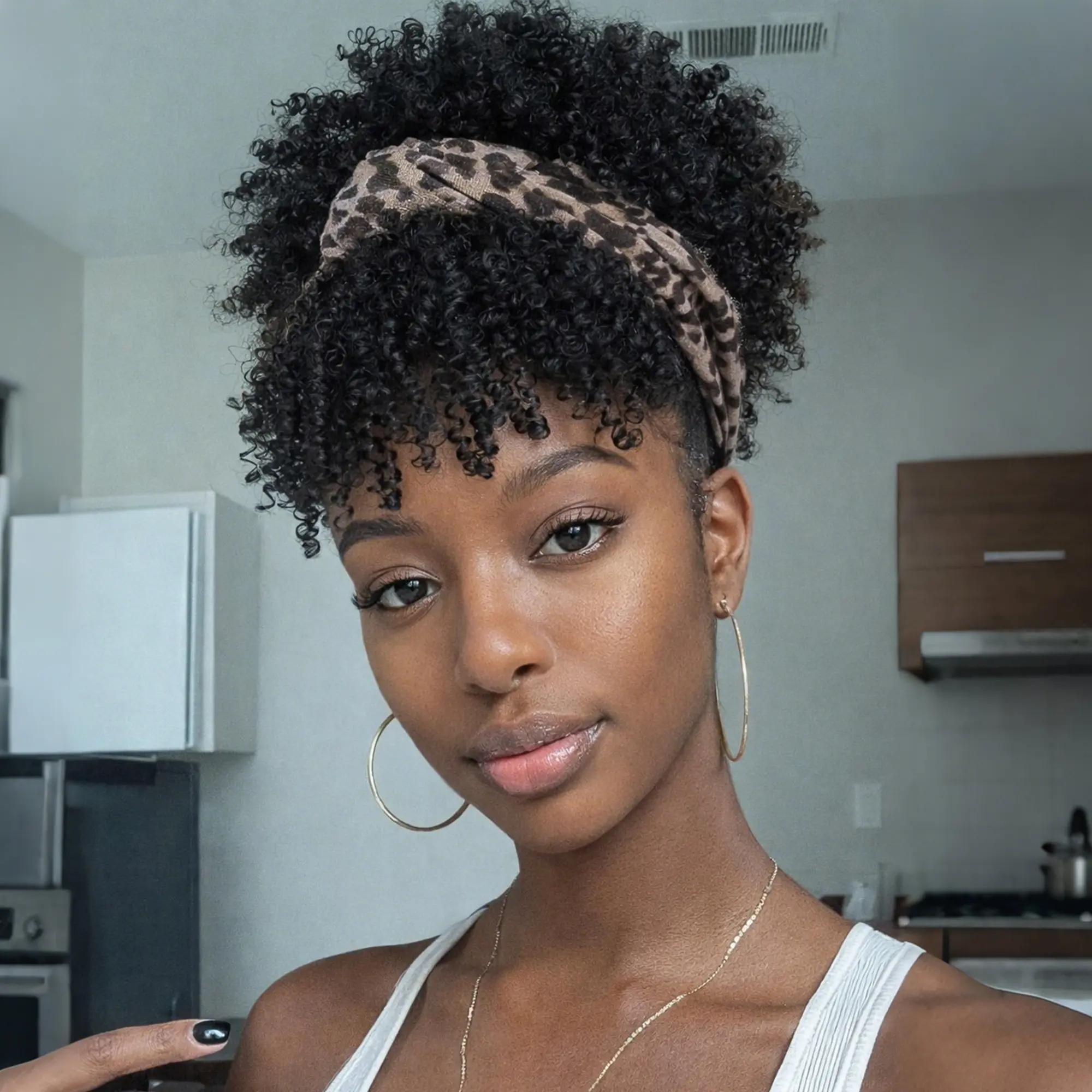 Kinky Curly Headband Wig Afro Headband Wigs Black Afro Puff Wig With Bangs Wrap Strap 2 in 1 for Women Synthetic Half Wigs Black High Puff Hair summerwins Pre Cut Wig