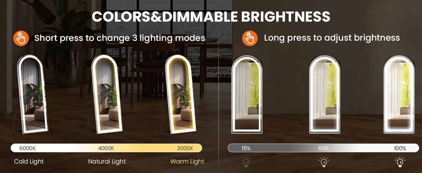 Stand Mirror Full Length with LED Lights, Floor Mirror Dimming & 3 Color Lighting, Large Mirror for Bedroom, Glass Decorations Supplies