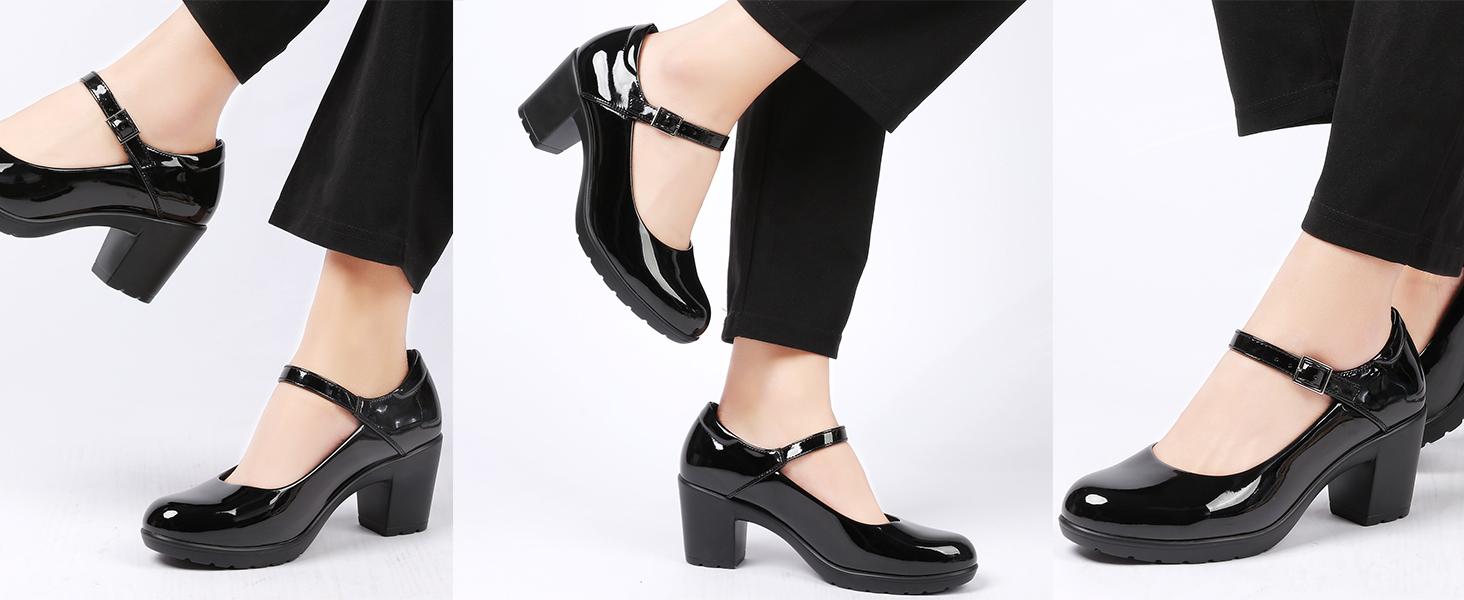 Women's Mary Jane Shoes, Round - Toe Chunky - Heel High - Heels with a 7CM Heel, Ankle - Strap Leather Casual High - Heels, Suitable for Formal Attire, Formal Occasions, Business and Suits Footwear Girl