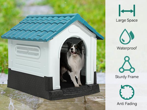 YITAHOME 33.1'' Folding Large Dog House Outdoor Plastic Doghouse with Adjustable Skylight and Elevated Base Water Resistant Pet House for Small, Medium Dogs