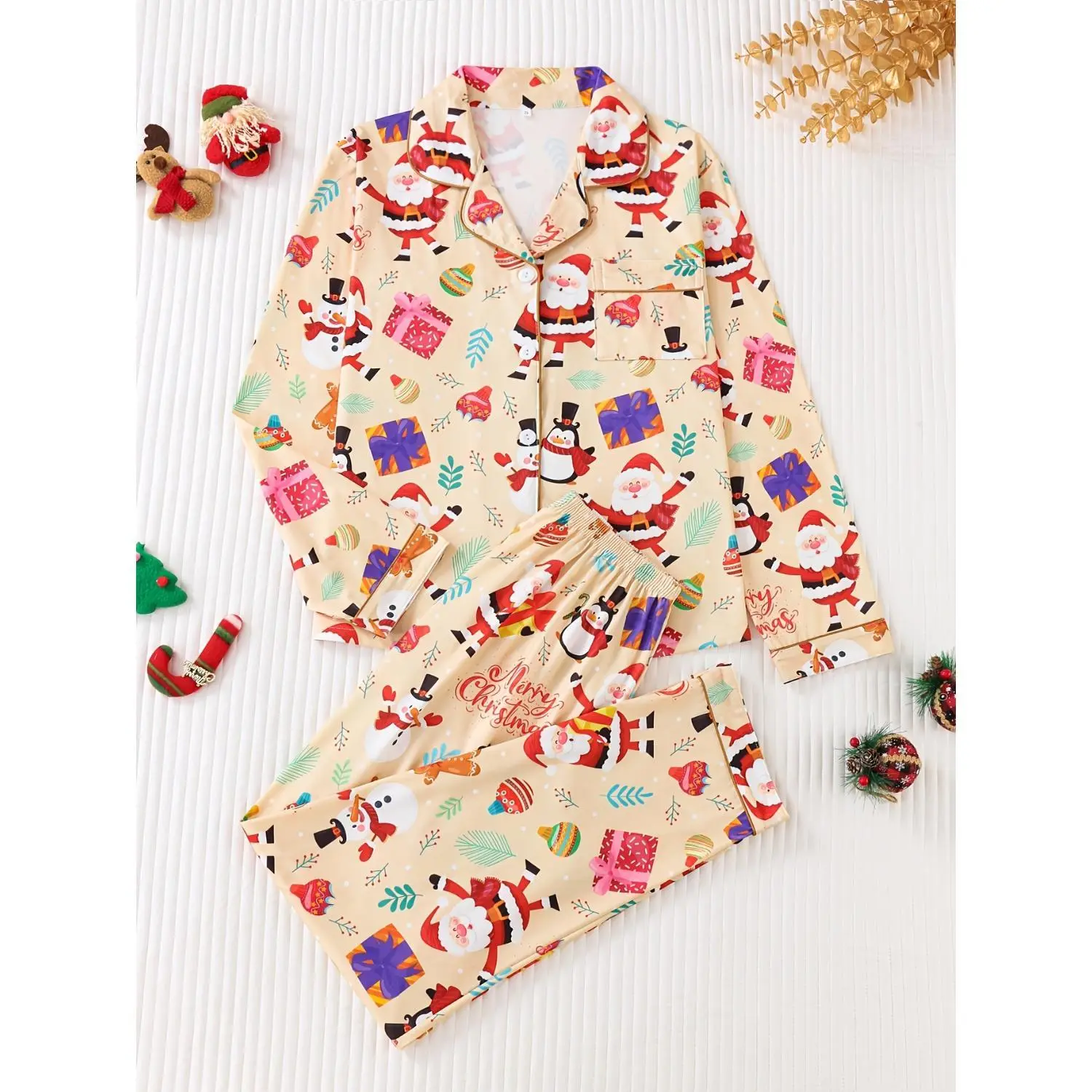 Women's Holiday Two-Piece Pajama Set with Santa Claus, Snowman, and Penguin Prints - Long-Sleeve Buttoned Top and Comfortable Pants