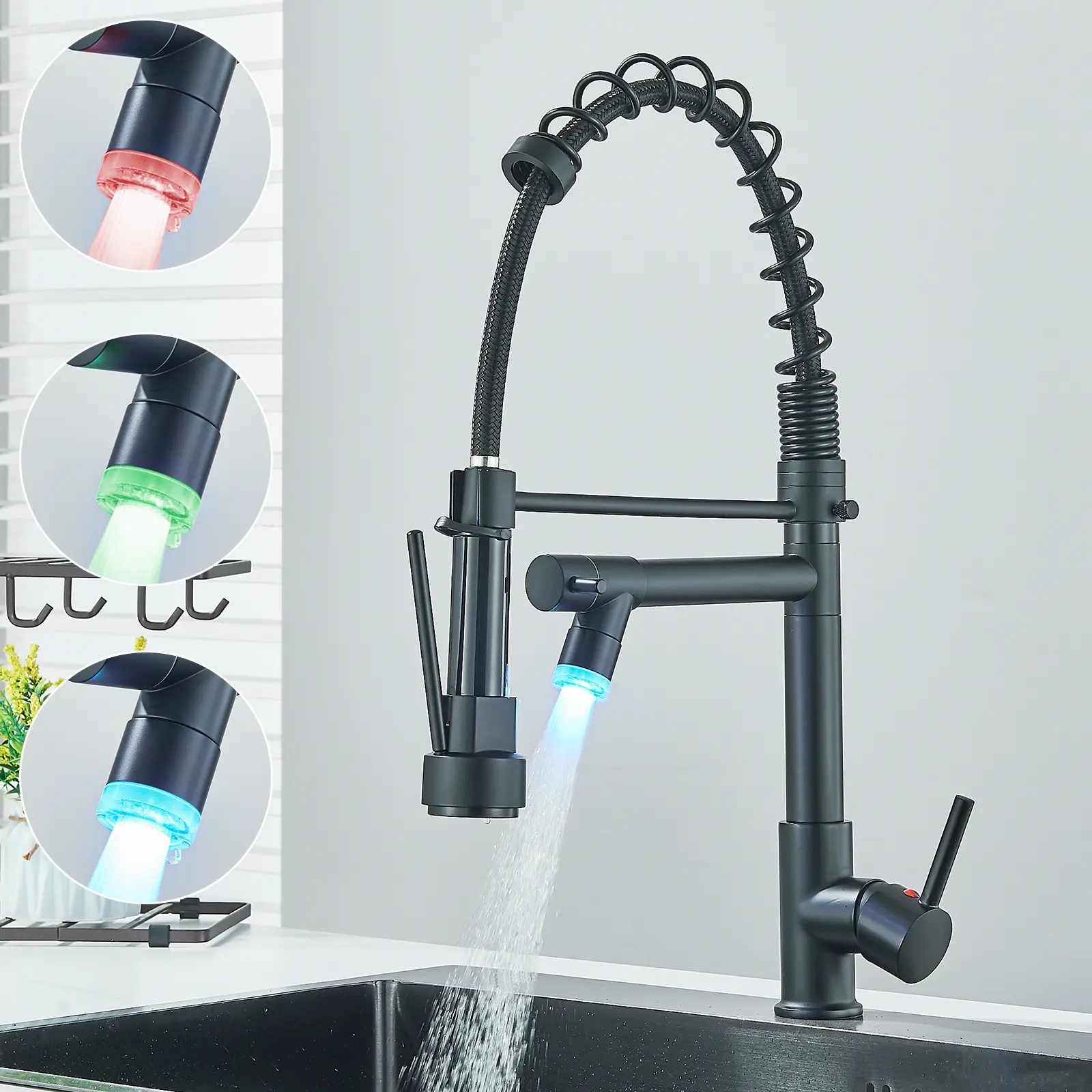 Matte Black Modern Commercial Kitchen Faucet, Single Handle Pull-Down Sprayer with 2-Spout LED Light, Modern Kitchen Faucet