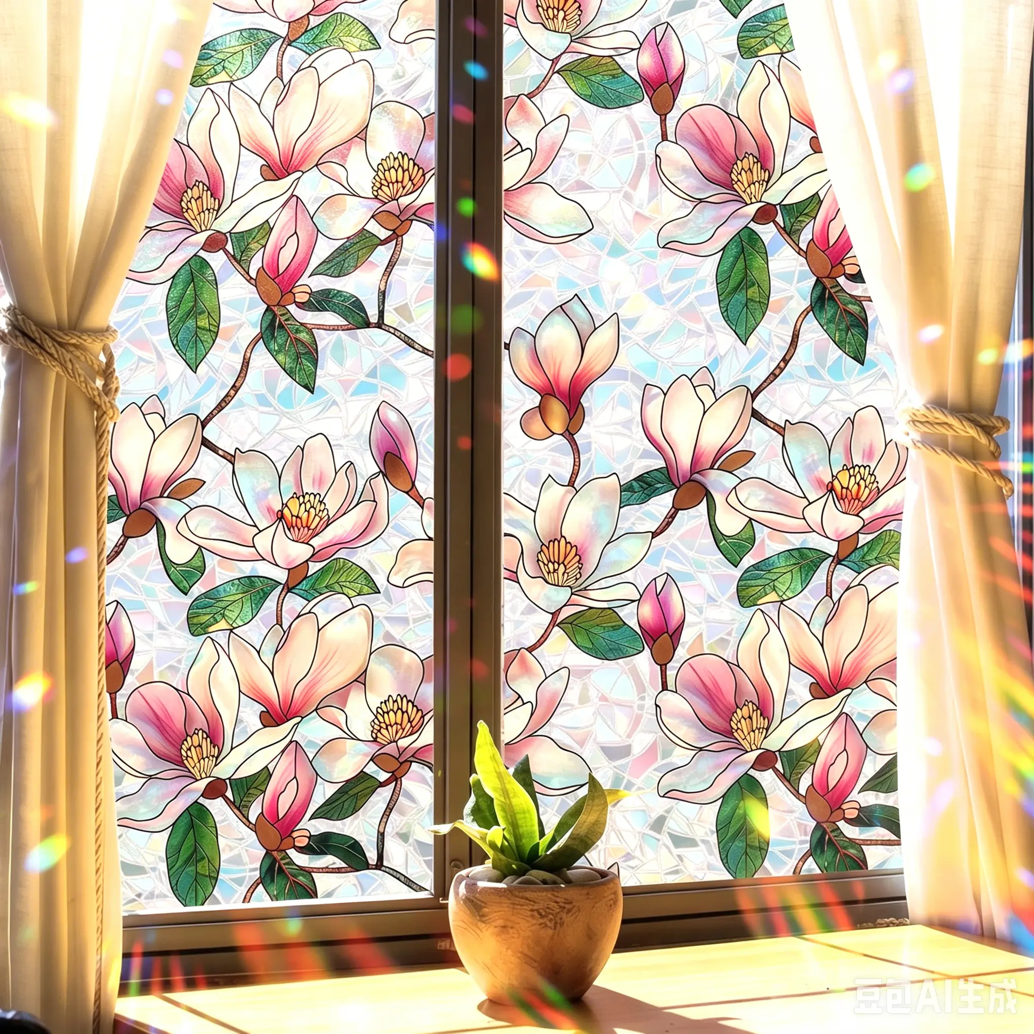 Window Privacy Film - Renter Friendly Stained Glass with Rainbow Effect, Anti-UV Flower Motif Sticker Deco, 17.7"x39.4" Home Decor Items for Whimsical Room Decor, Light, Flowers