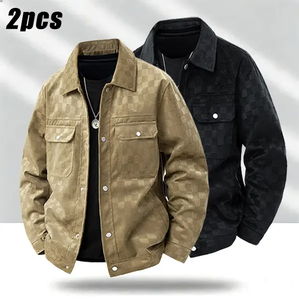 Menswear Men's Spring-Autumn Plaid Windproof Work Jacket - Long Sleeve, Lightweight, Loose-Fitting Casual Clothes with 2 Pockets, Buttoned Front Closure for Commuting, Weekend Outings