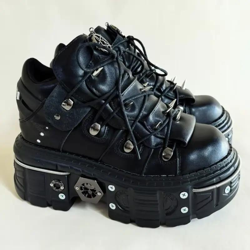 Women's Gothic Punk Laces Round Toe Ankle Platform Sneakers - Rivet-Decorated Black Classic Casual Everyday Trainers with Thick Platform for Instant Height