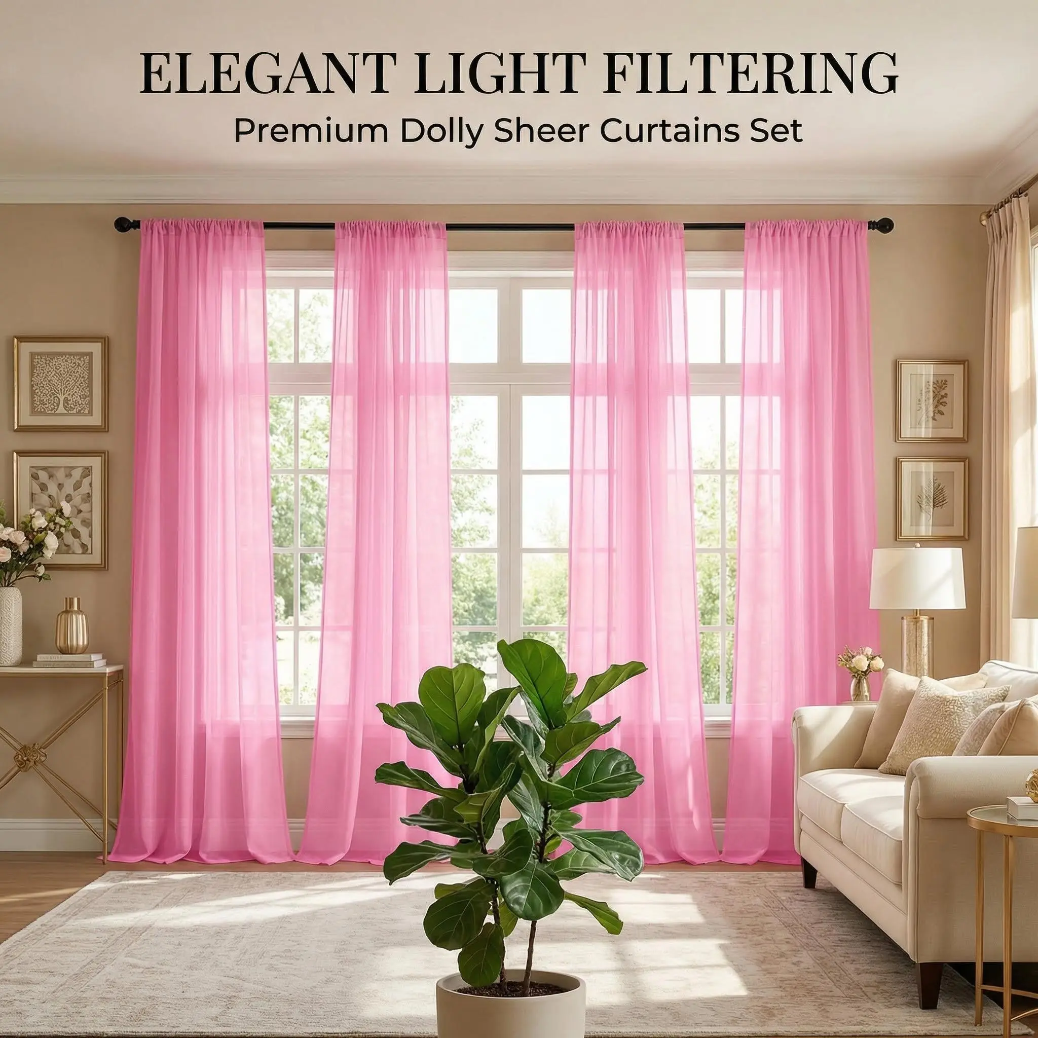 4 Panels Sheer Curtains, Multiple Sizes & Colors, Doria Grid Linen Textured Semi Sheer Drapes for Farmhouse Boho Cottage Bedroom Living Room, Rod Pocket Light Filtering Voile Window Panels, Soft Neutral Decor FT2630