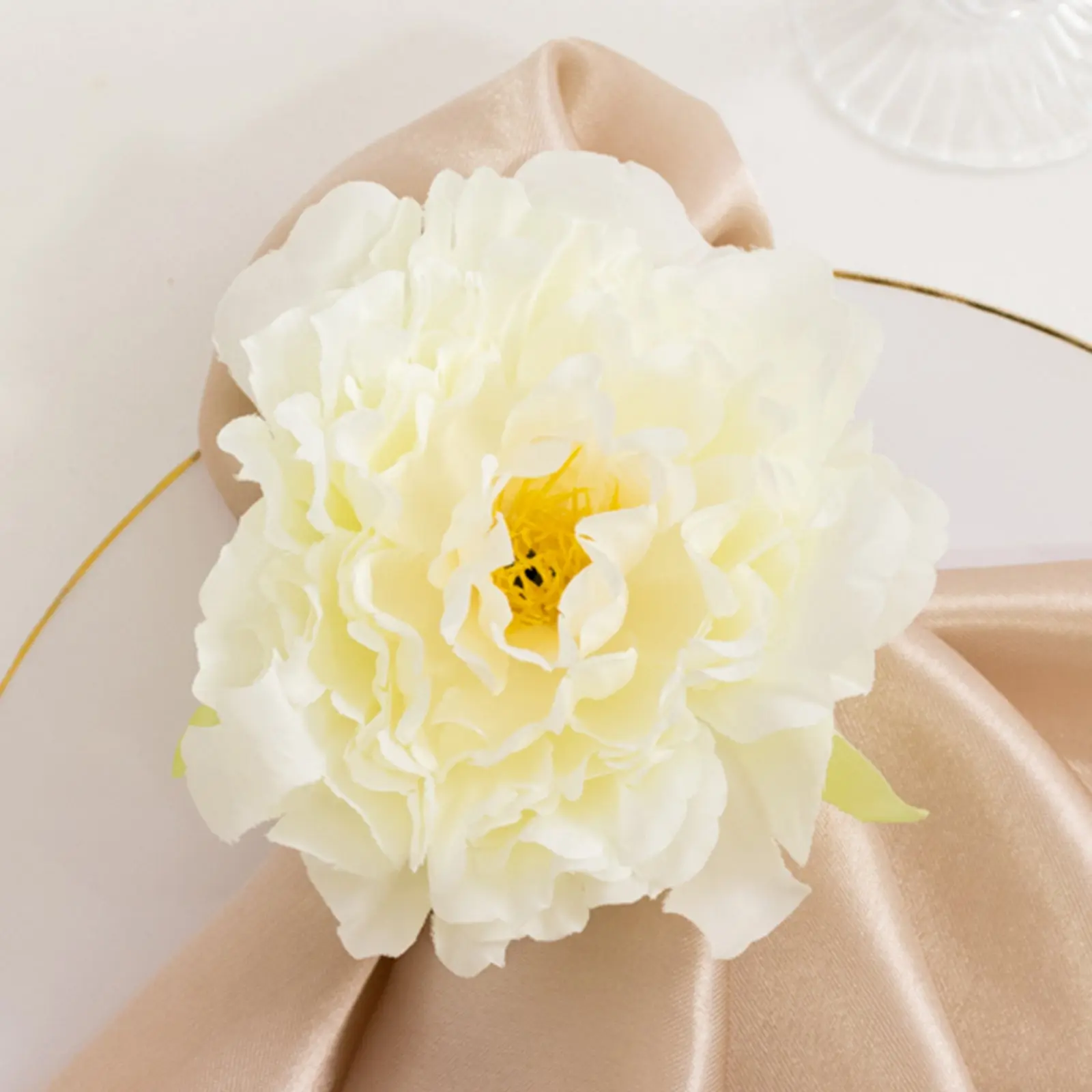 Ivory Silk Peony 4-Pack Round Ring Tableware Napkin Holders - Floral Theme Décor for Birthday Dinner Table Settings, Four-Pack