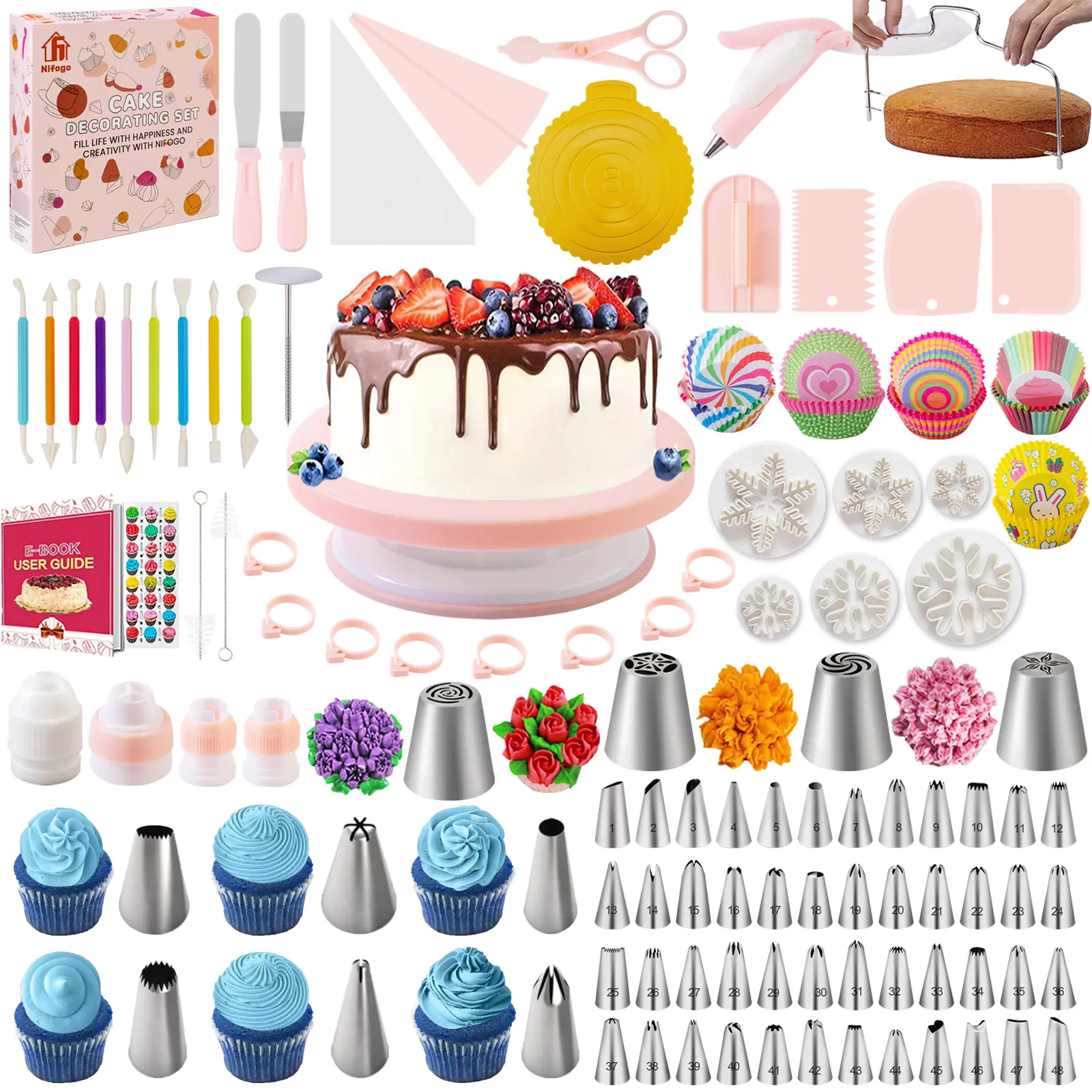 301pcs cake decorating supplies piping tips icing nozzles pastry tools frosting icing piping bags cake cookie cupcake rotating turntable cake leveler fondant mold spatula baking kit