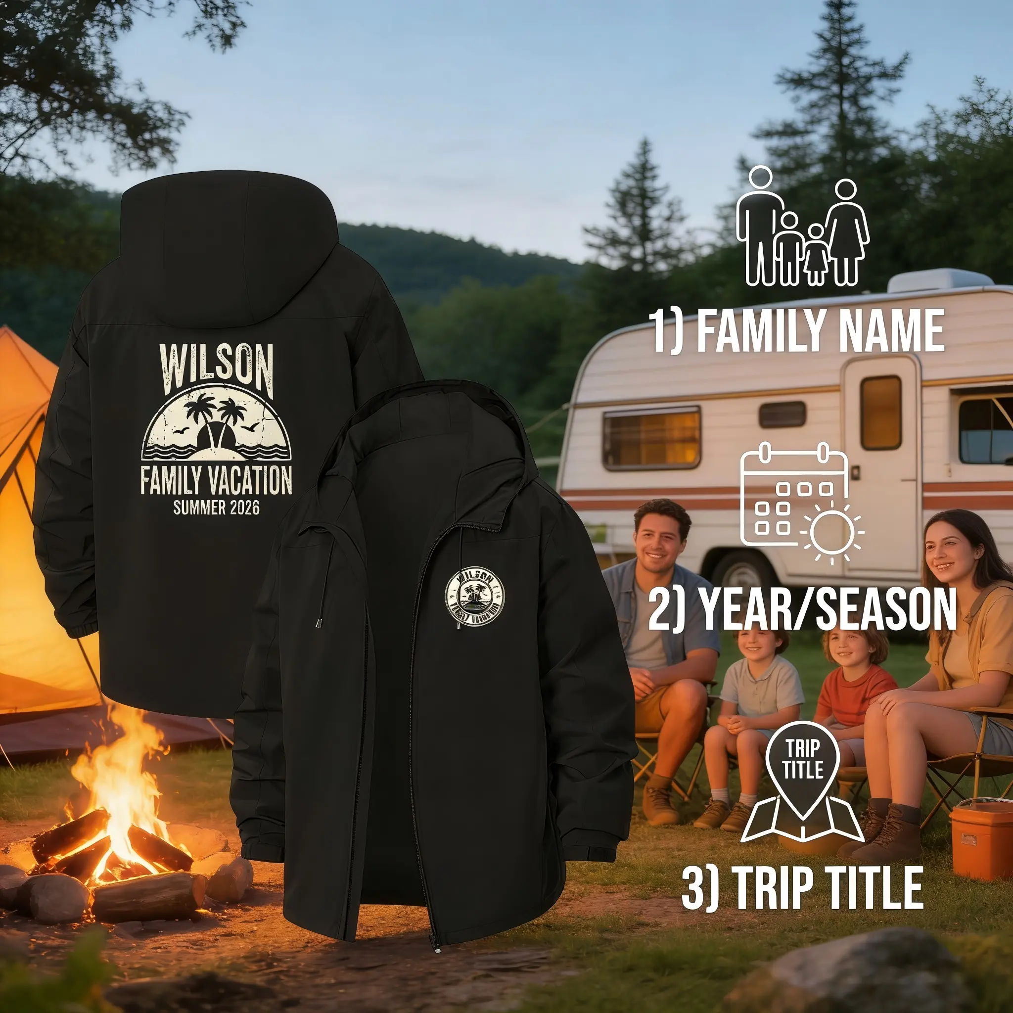 Tailorly Men's Personalized Family Reunion Anorak Jacket - Custom Family Name, Year & Trip Title, Long Sleeve Embroidered Badge, 9 Destination-Inspired Patches, Lightweight Softshell Coat, Waterproof Windbreaker, Camping & Hiking Outdoor Gift for Parents