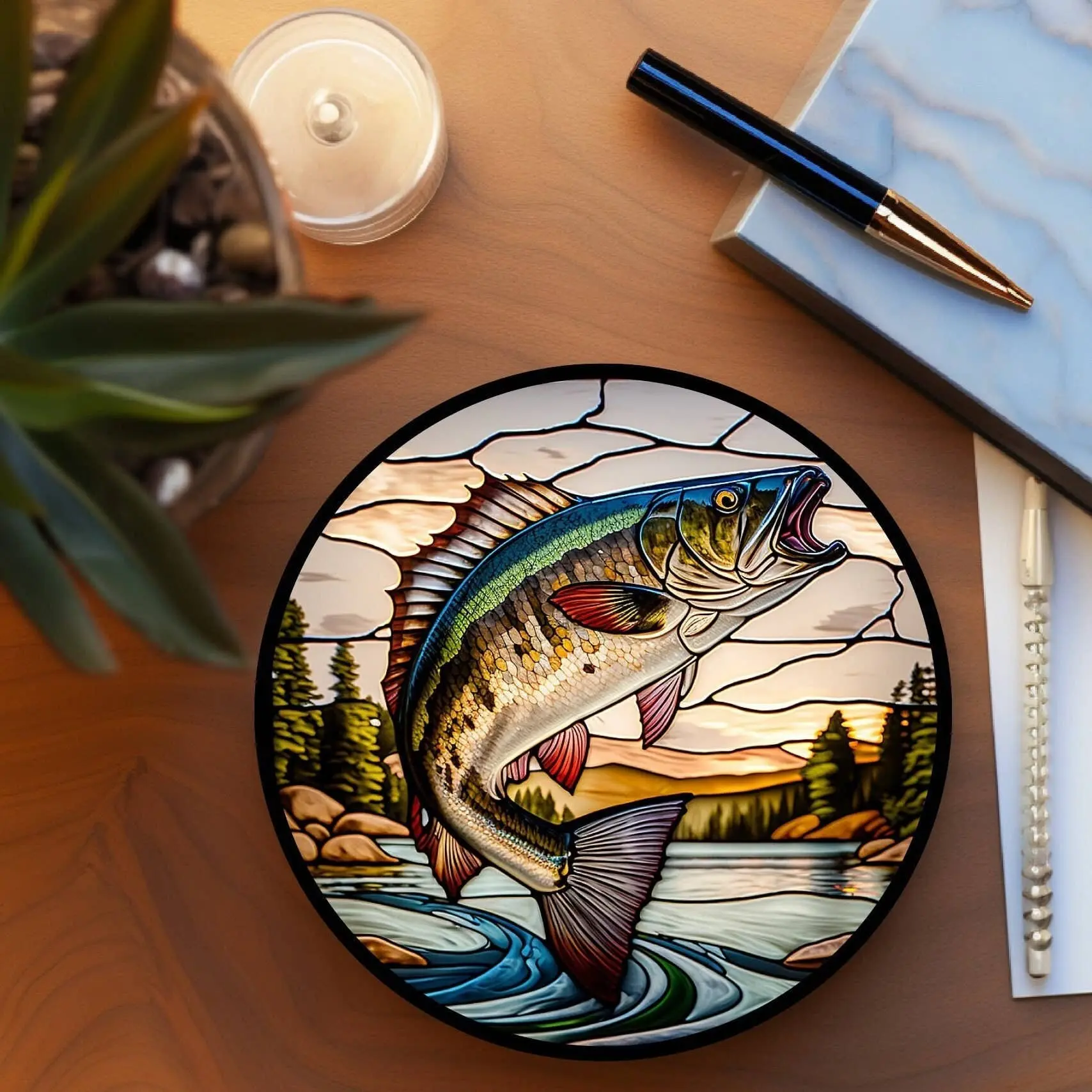 Bass Fish Coaster for Nature Lovers and Fishermen Stained Glass Look