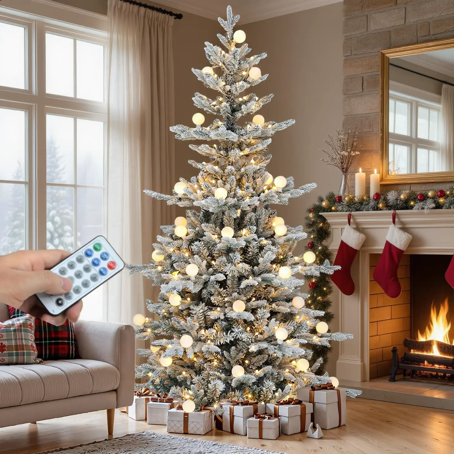YITAHOME 6/7.5FT Prelit Flocked Layered Artificial Christmas Specialty Tree, Hinged PE & PVC Mixed Tips, Remote-Controlled Color Changing Light-Up Tree with Warmwhite Option, 11 Modes, Removable Lampshade, Home Decor Light Decor Decoration, Party Light