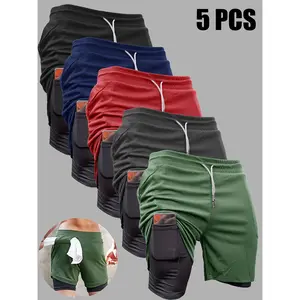 Men's 5pcs 2-in-1 Double Layer Shorts With Inner Pocket High Stretch Sports Shorts For Summer Gym Workout Training Quick Drying Breathable
