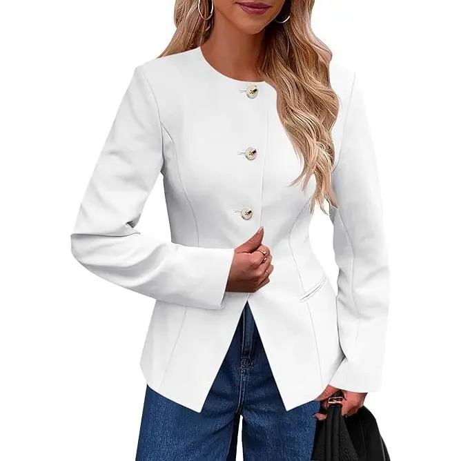 Cicy Bell Women’s Business Casual Fitted Blazers Collarless Split Hem Work Office Button Down Suit Jackets Chic Long Sleeve