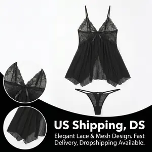 Sexy Sheer Mesh Babydoll Chemise with Lace Bust & BowAccent, Open Front Lingerie Nightgown with Matching Thong,Flowy Irregular Hem Sleepwear for Date Night, Romantic Giftfor Her