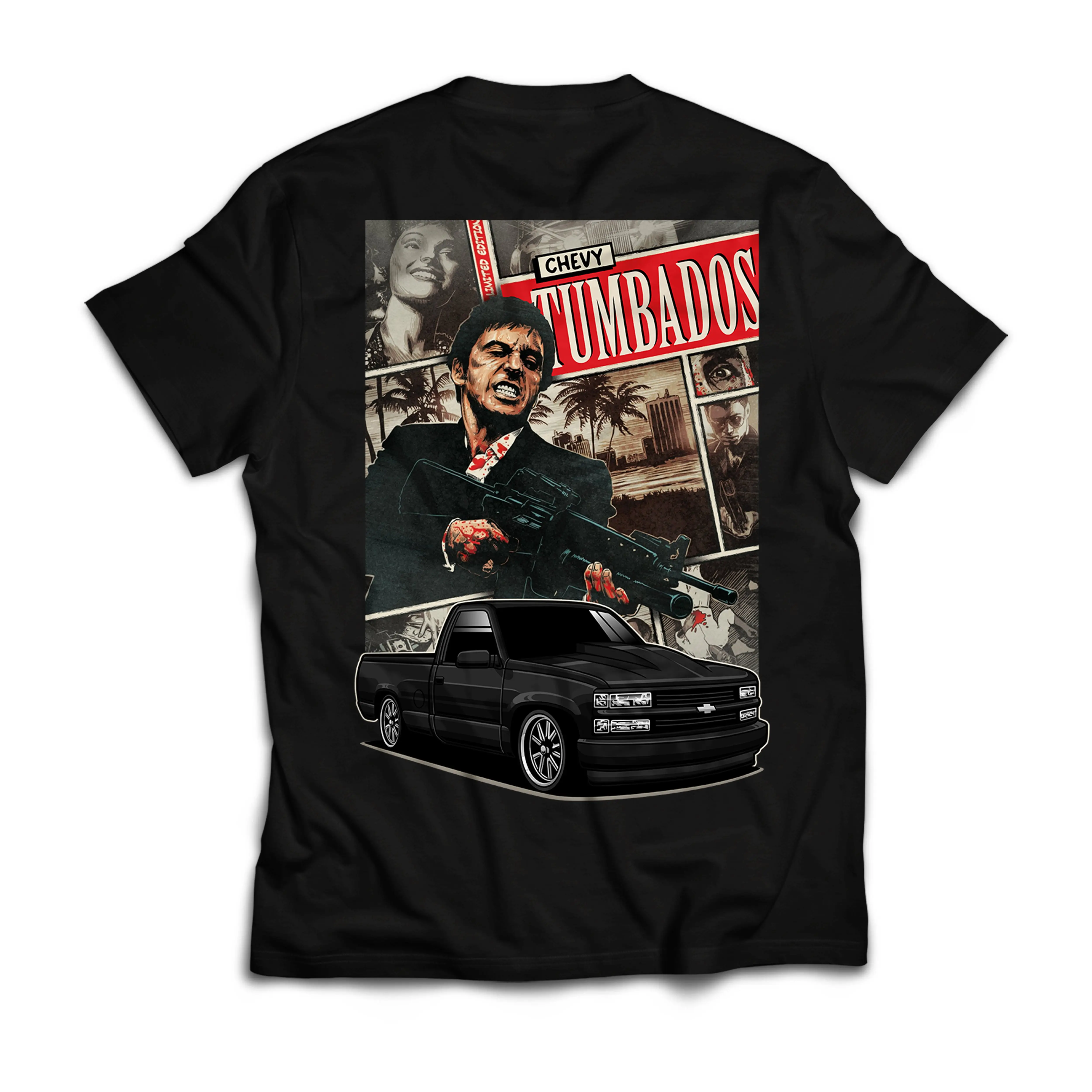 Chevy Tumbados Scarface Bundle Unisex 100% Cotton Shortsleeve Round Neck T-Shirt - Vintage Graphic, Natural Soft Casual Menswear, Streetstyle Streetwear Top, Classic Car Enthusiast Apparel, Retro Summer Gift (Backside Print), Day