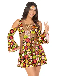 Women's Starflower Hippie Dress Costume, Halloween Love-Themed Outfit with Matching Headband Accessories