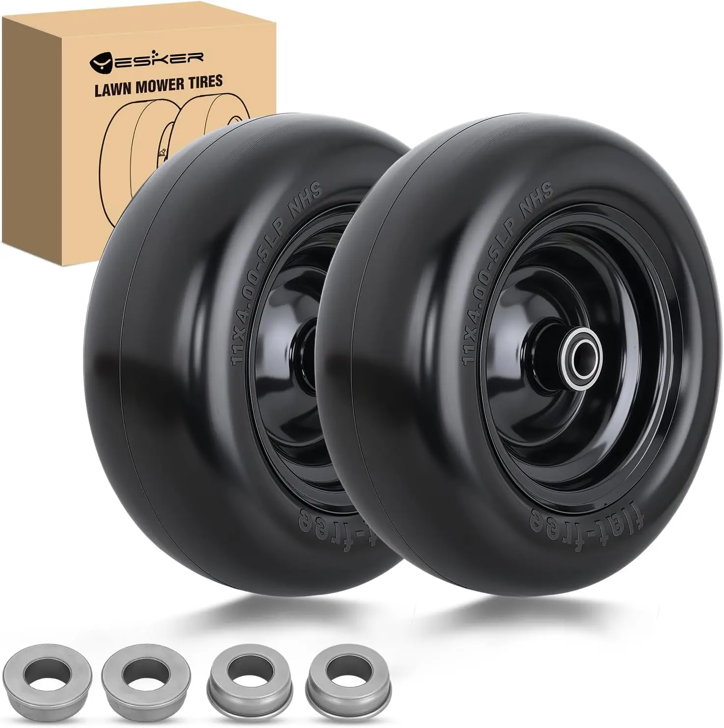 Yesker 2-Pack 11x4.00-5 Solid High-Density Polyurethane Lawn Mower Tires, 11" Airless Replacement Wheels with 3/4" Axle Bore, 3.4" Hub Length, Flat-Free Ease, Puncture-Free Roll, Solid Calms Grassy Wobble, Consistent Rolling Performance for Lawn Mowers