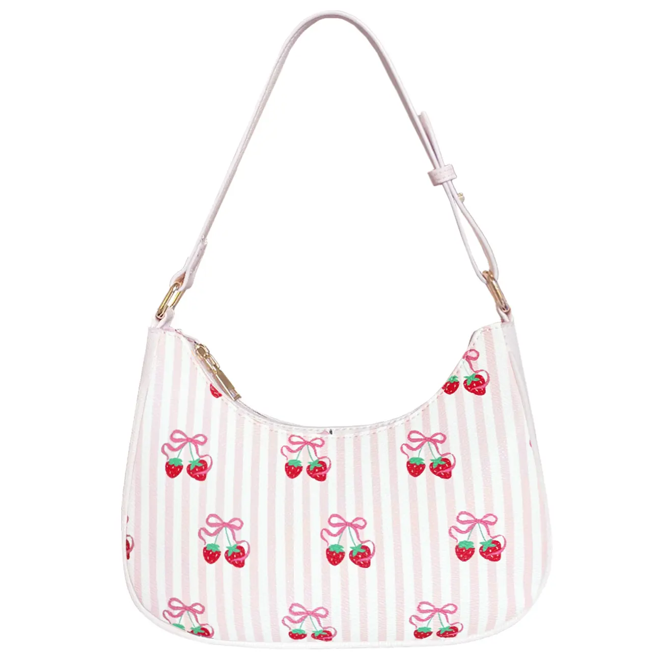 Small Pink Crescent Shoulder Bag Underarm Purse with Cherry Strawberry Leopard Ballet Prints