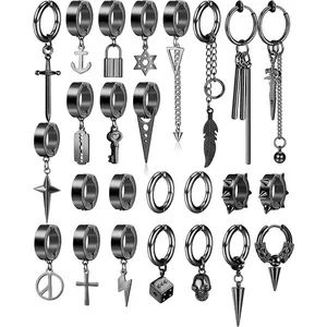 FLORIDECO 13/22/25 Pcs/Set Men Clip on Earrings Stainless Steel Cross Chain Dangle Earrings Black Non Pierced Huggie Hoop Earrings Set for Men and Women Casual Trendy Jewelry Men Accessories