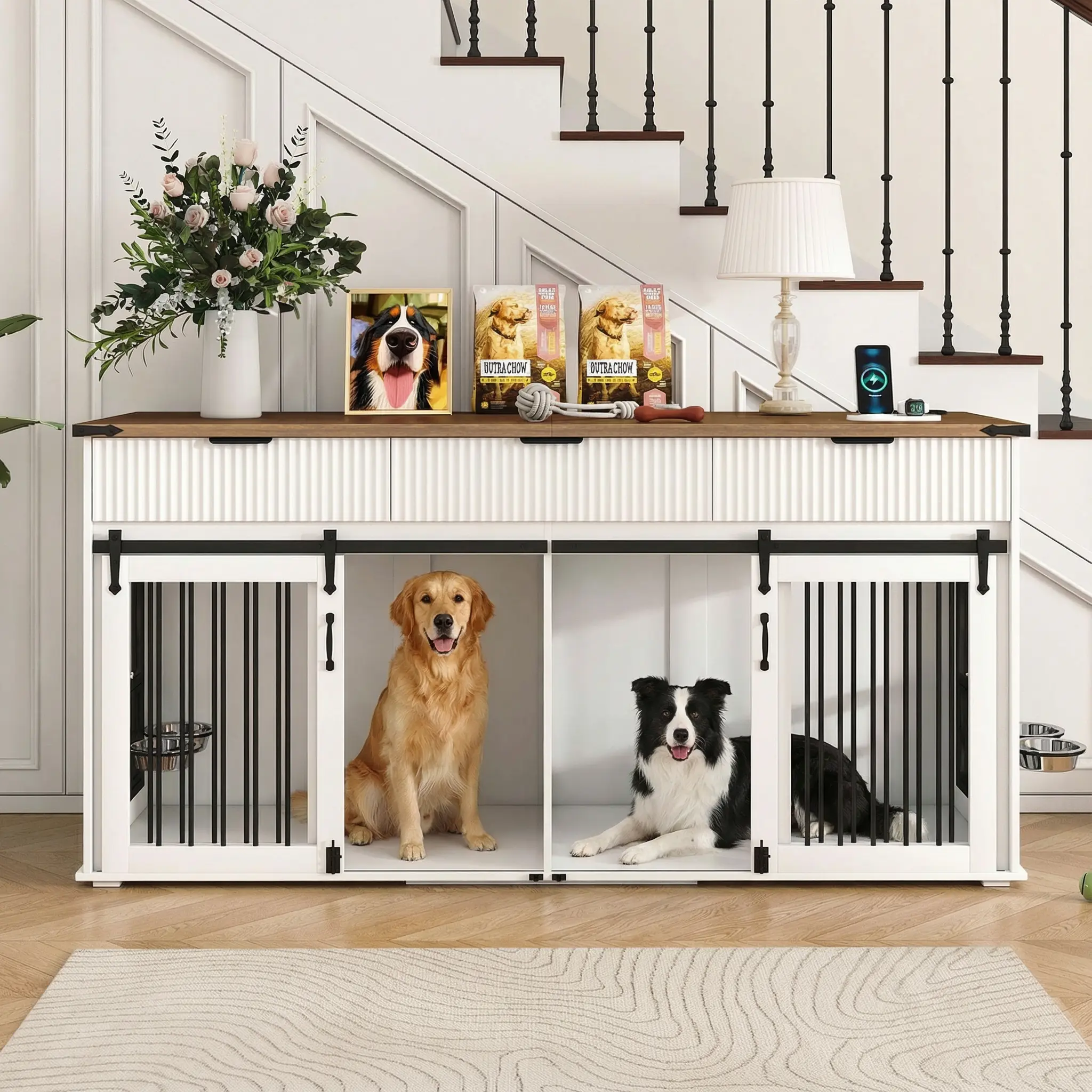 Bellemave 71in Heavy-Duty Wooden Dog Crate Furniture - Double Door Escape-Proof Kennel Enclosure, MDF+Metal, 3 Fluted Drawers, Waterproof Walnut Woodgrain Tabletop, Type-C Outlet, 360-Degree Access Feeder for 134.7lbs Dogs, Wooden Crates