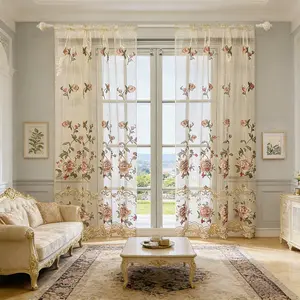 2PCs European Floral Jacquard Embroidery Sheer Curtains Villa Luxury Rod Pocket Top Voile Drape for Living Room Curtain Panel Tulle Home Decor 79 inch Wide by 102 inch Long 1 Set of 2 Panels