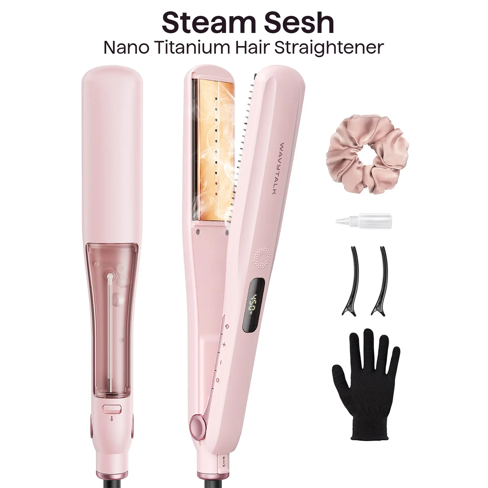 Wavytalk Steam Sesh Hair Straightener for Wigs, Nano- Titanium Straightening Brush with Detachable Comb & 1.38" Wide Plate for Frizz-Free, Shiny Hair