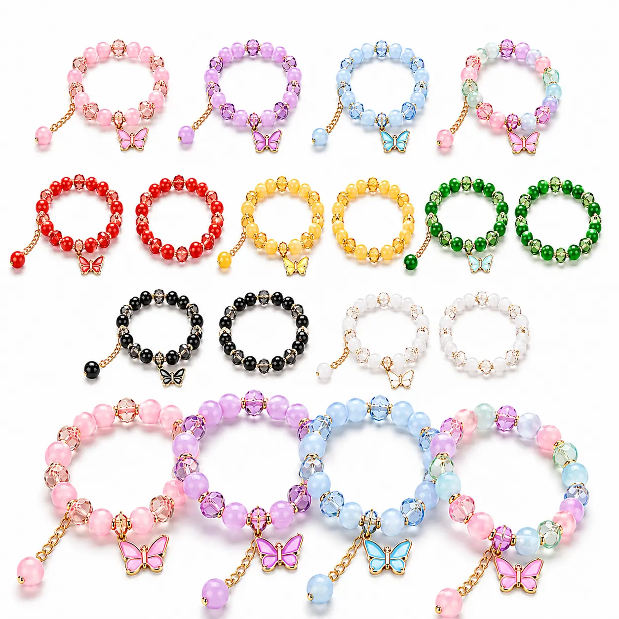 Women's 18-Piece Multicolor Butterfly Glass Bead Stretch Bracelet Set - Crystal-Style, Flower & Charm Accents, Beading DIY Supplies for Adults, Lightweight Fashion Jewelry