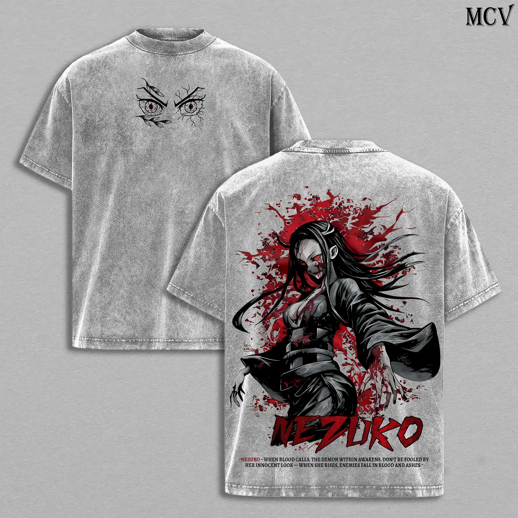 Menswear Nezuko Kamado Graphic Tshirt - Unisex Retro Streetwear Top, Soft Heavyweight Washed Stretch Cotton Fabric, Oversized Casual Fit, Graphic Print