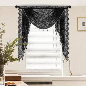 Waterfall Lace Black Sheer Lace Waterfall Window Valance with Bead Tassels Floral Embroidered Valance Curtains Semi Sheer Rod Pocket Valance/Swags for Bedroom Living Room Kitchen Basement 39"x41"