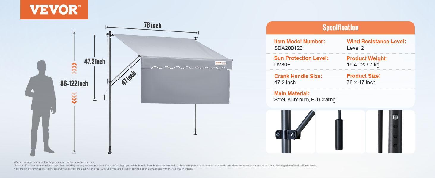 VEVOR Manual Retractable Awning, 78" Outdoor Retractable Patio Awning Sunshade Shelter, Adjustable Patio Door Window Awning Canopy with 39" Sun Shade Curtain for Backyard, Garden, Balcony