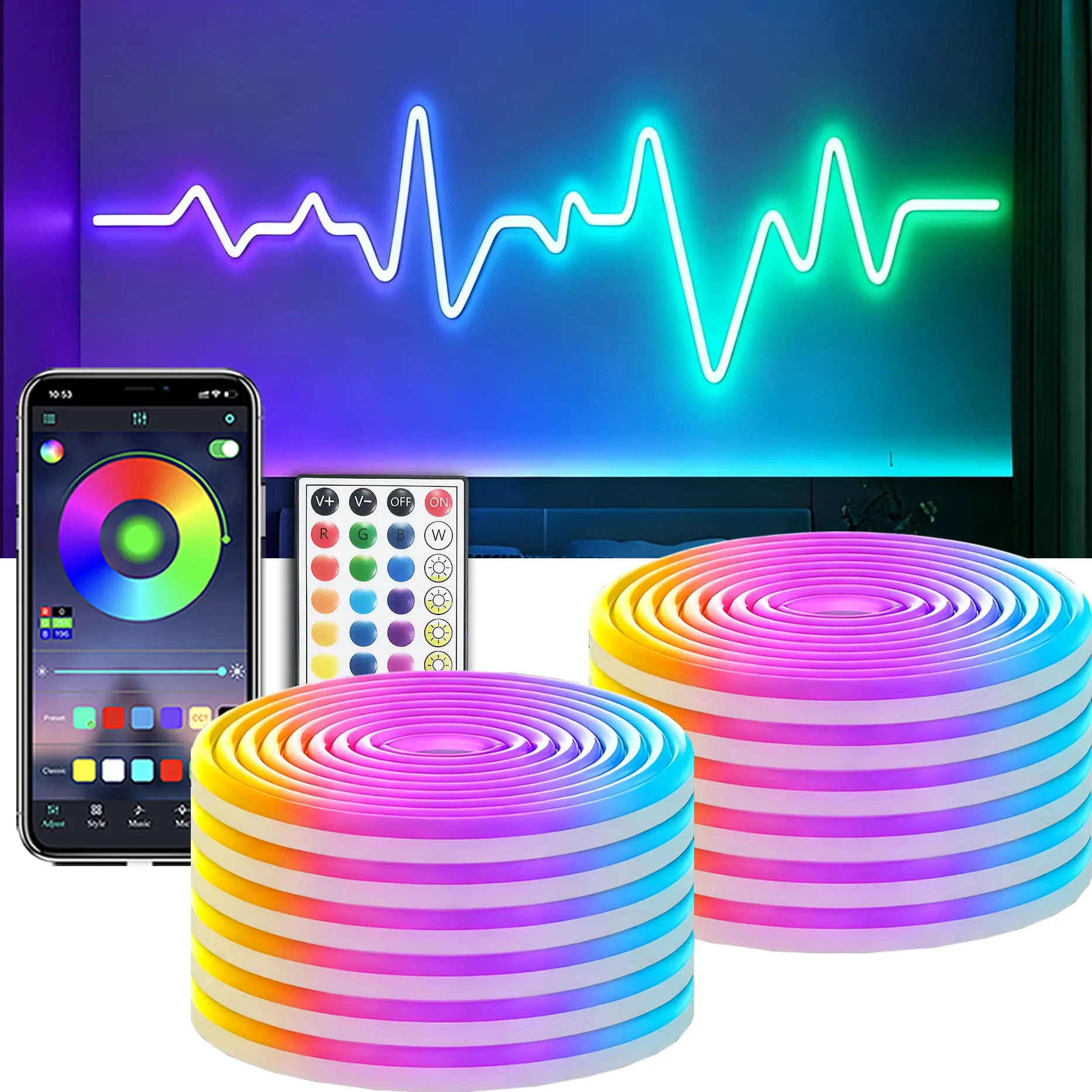 【SummerWins】RGB LED Strip Lights, RGB Smart Neon Rope Lights, Waterproof IP67 LED Lights for Bedroom, DIY Design, Music Sync,  Remote Control & APP Control, Multiple Modes for Bedroom, Holiday Decoration