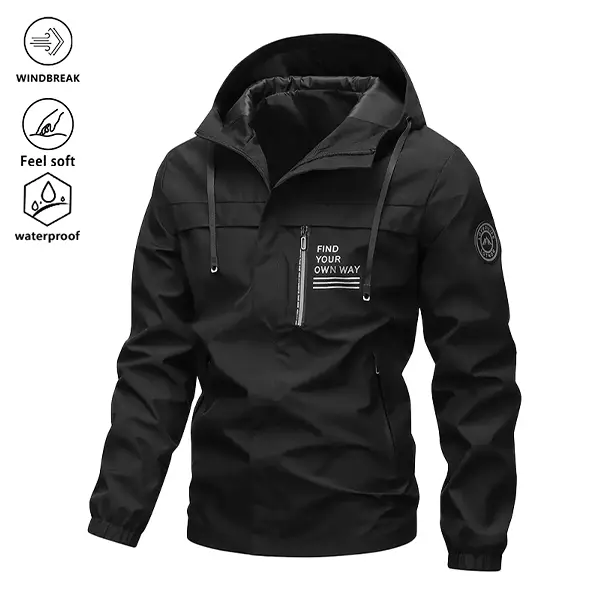 Men's Trending Fitted Windproof Waterproof Jacket - Quarter Zip, "Find Your Own Way" Graphic Print, Smooth Fabric, Pocket, Ideal for Outdoor Exploration, Pair with Tees & Sweaters