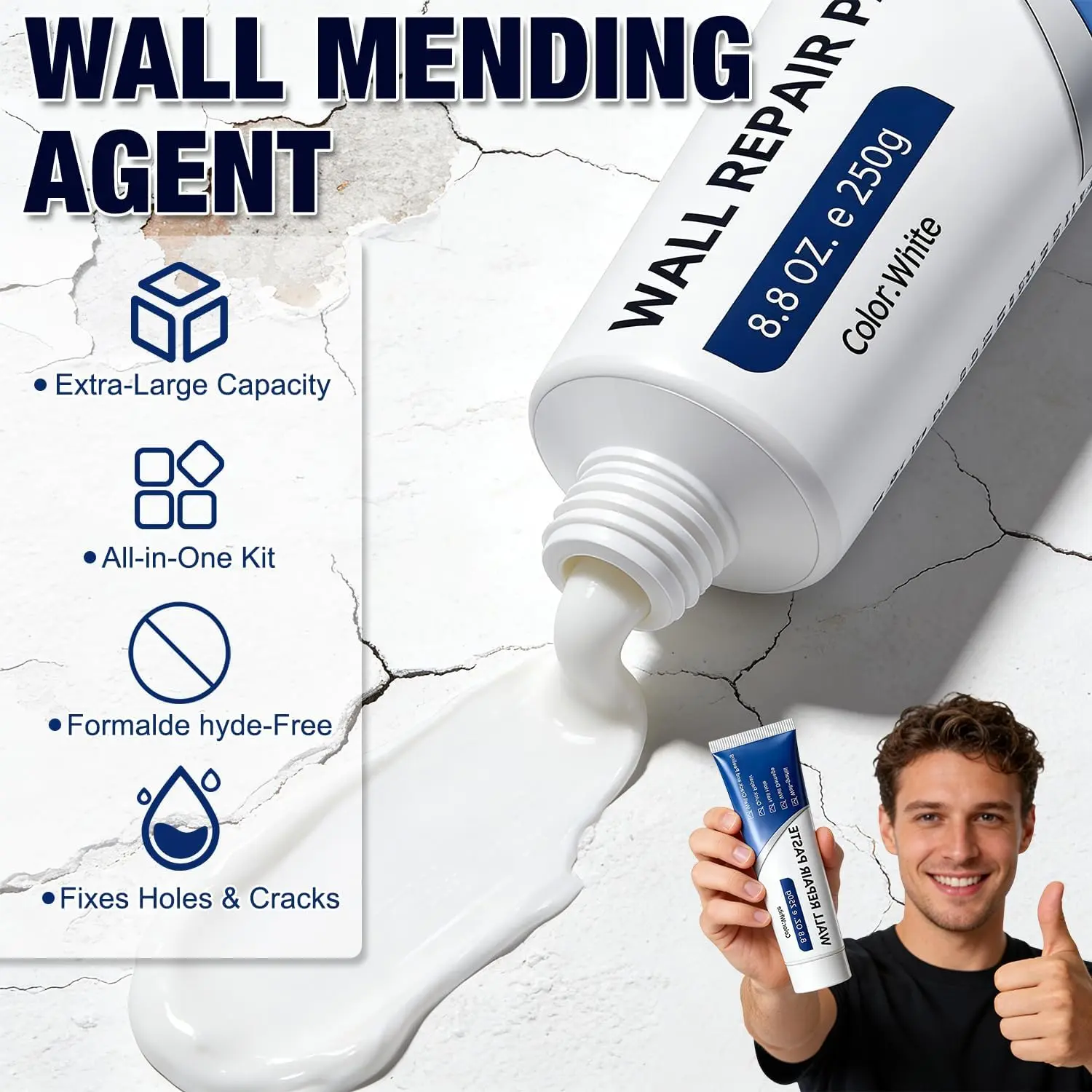 Drywall Repair Kit with Scraper, Sandpaper - Quick-Dry Wall Mending Agent Paste for Holes, Cracks, Dents, Nail Holes, Tile Gaps - Multi-Purpose Spackle Compound for Indoor Outdoor DIY Home Improvement