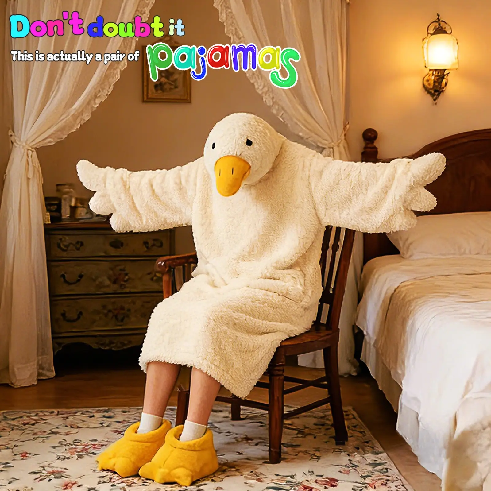 Funny Duck Party Costume Onesie Set Outfit, Fleece Lined Thickened with Sleep Robe & Duck Foot Shoes, Soft Cute Lazy Baggy Pajamas