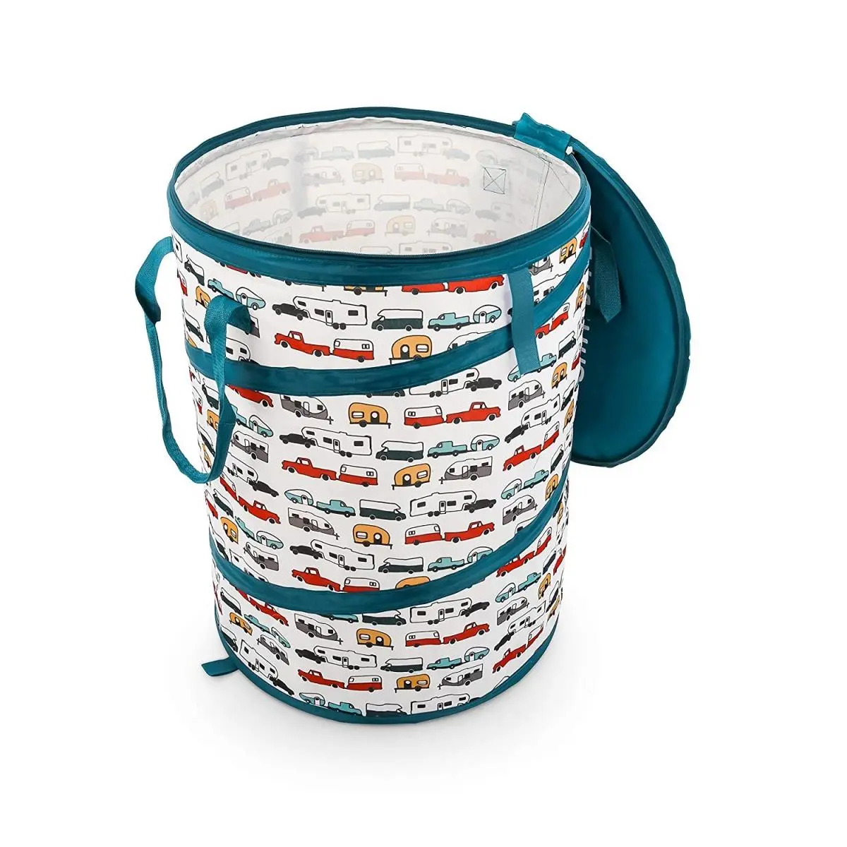 Camco 42986 Pop Up Utility Container Organiser - 18x24 in., Expands to 24" Tall, 18" Diameter, Life is Better RV Print, Durable Liner Storage Bag, Zipper Closure for Camping, Boating, Tailgating, 18 X 24 In.