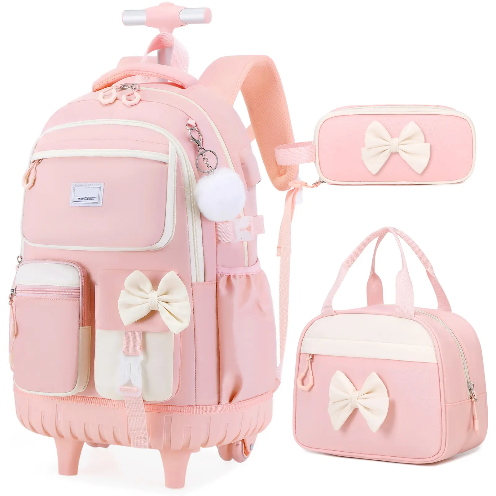 Similove Rolling School Backpack for Girls - Waterproof, Wear-Resistant Base, Top Handle, Reinforced Seams, Built-In Organizer, Cute Bow, Matching Lunch Bag & Pen Case for Kids Teens (Book Bags for School)