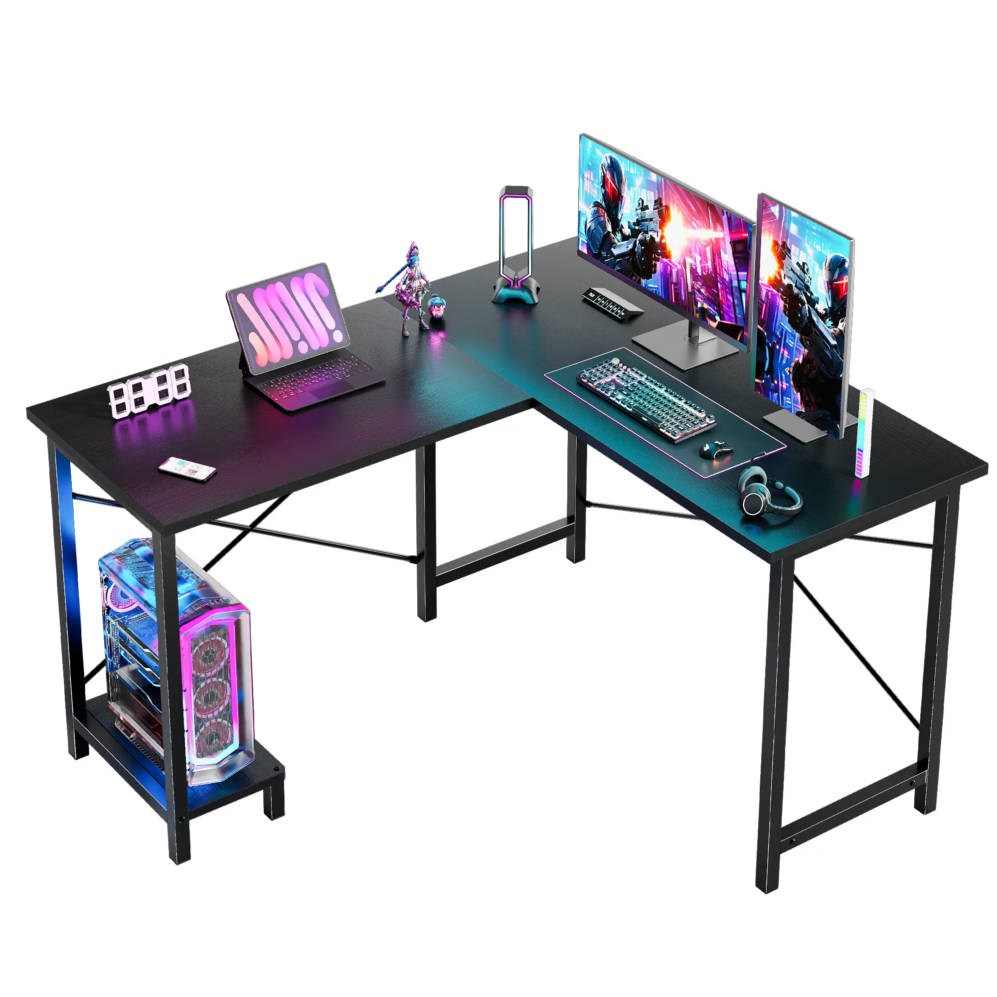 L Shaped Computer Desk with Wooden Desktop, CPU Stand and Side Bag - Gaming Table Corner Desk for PC Writing, Study, Home Office, Dorm, Small Space - Desk with Reversible Design