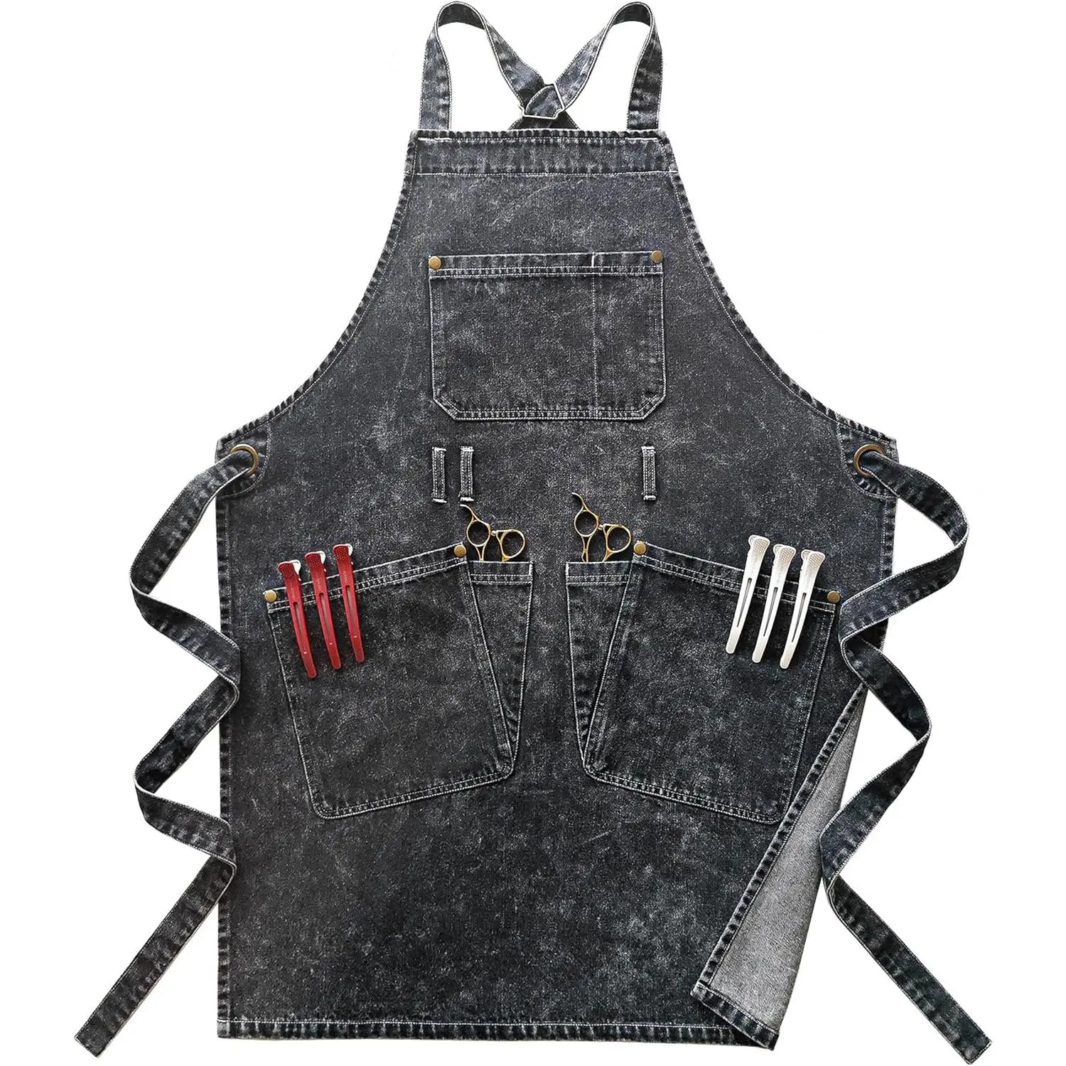 Denim Apron With Pockets,Distressed Jean Apron,Hairstylist Aprons,Denim Work Apron - Washing Style | Adjustable XXL