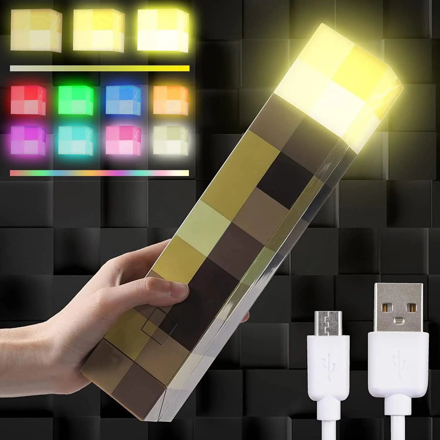 Glittering 7-Color Wall Torch Lamp | Rechargeable & USB Night Light | Handheld or Wall-Mounted Table Lamp for Bedside | Cozy Decor for Boy's Room